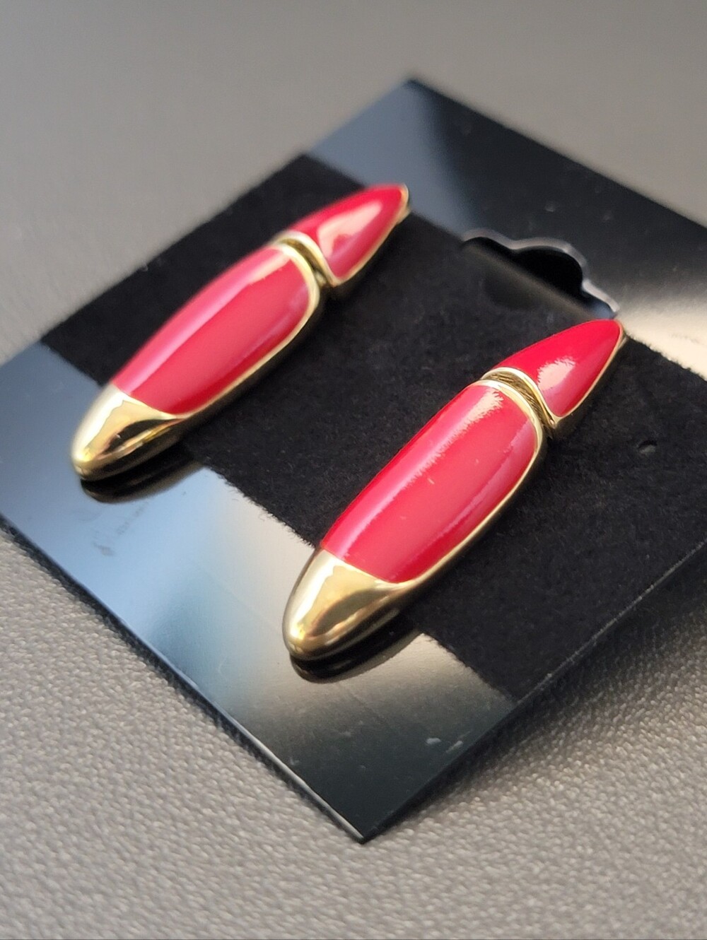 Vintage Monet Cherry Red Enamel Articulated Bullet Drop Earrings Gold Tone 1990s